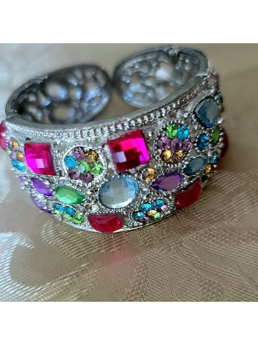 Fashion Silver Tone Multi-Colored Crystal Cuff Bracelet